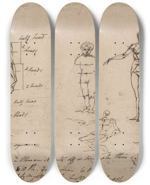 Triptych art skateboard deck of James Ward Studies Of Anatomy Measurements And Writing by James Ward (1769-1859)