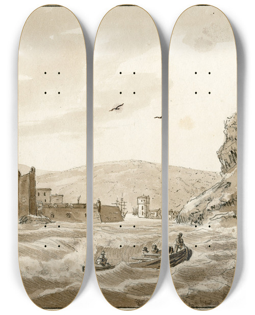 Triptych art skateboard deck of Otto Howen Een Havenplaats In Spanje Port De Passage_2 by Otto Howen (1774-1848)