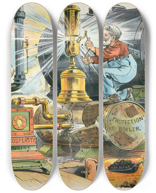 Triptych art skateboard deck of John Samuel Pughe Firing Up The Wrong Boiler by John Samuel Pughe (1870-1909)