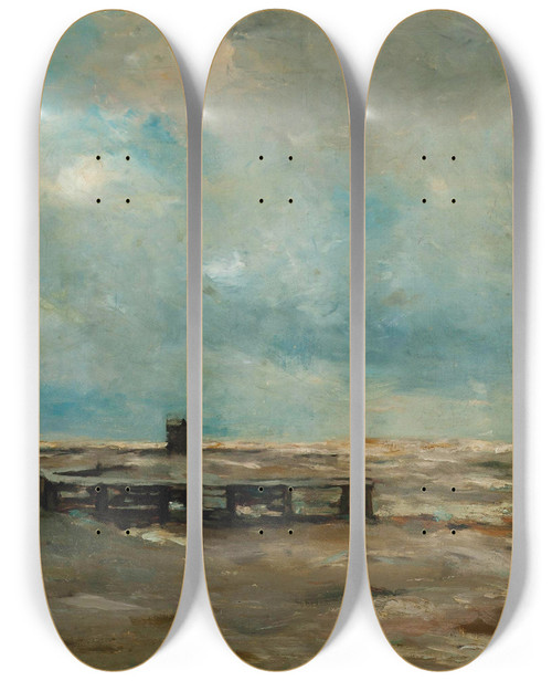 Triptych art skateboard deck of Louis Artan The Harbour Defences In Choppy Waters by Louis Artan (1837-1890)