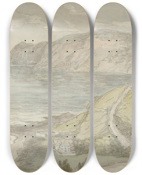 Triptych art skateboard deck of Thomas Rowlandson View From The Inn At Lynton by Thomas Rowlandson (1756-1827)
