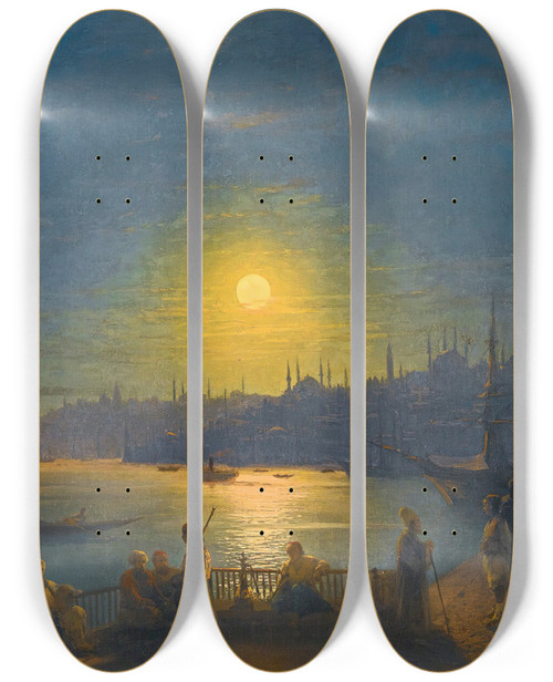 Triptych art skateboard deck of Ivan Konstantinovich Aivazovsky Moonrise Over The Golden Horn by Ivan Konstantinovich Aivazovsky (1817-1900)