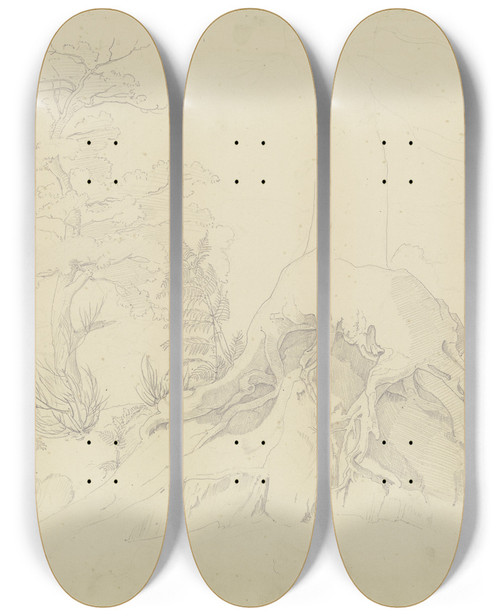 Triptych art skateboard deck of August Lucas Exposed Tree Root by August Lucas (1803-1863)