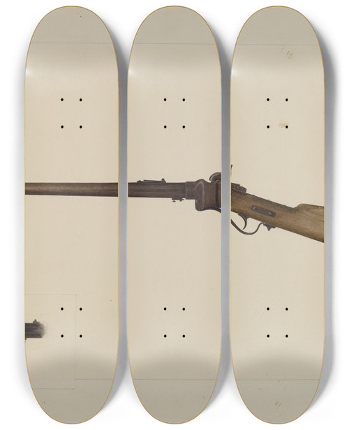 Triptych art skateboard deck of Clyde L Cheney Sharps Rifle by Clyde L Cheney