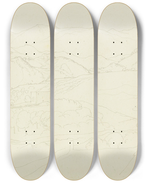 Triptych art skateboard deck of Fritz Bamberger Gegend Beim Kloster Santa Scolastica Bei Subiaco by Fritz Bamberger (1814-1873)