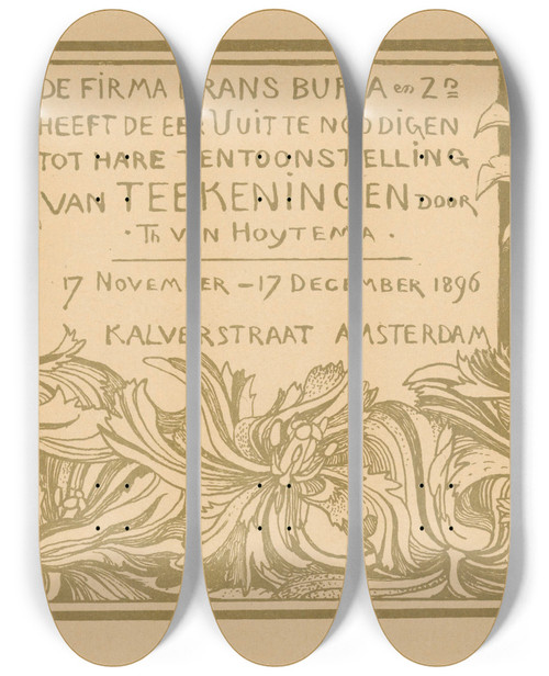 Triptych art skateboard deck of Theo Van Hoytema Uitnodiging Met Twee Kaketoes by Theo Van Hoytema (1863-1917)