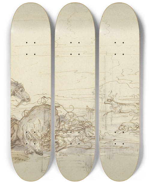 Triptych art skateboard deck of Stefano Della Bella Stag Hunt by Stefano Della Bella (1610-1664)