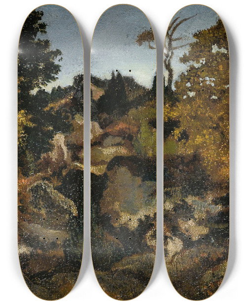 Triptych art skateboard deck of Antoinelouis Barye Rocks In Fontainebleau by Antoine-Louis Barye (1796-1875)