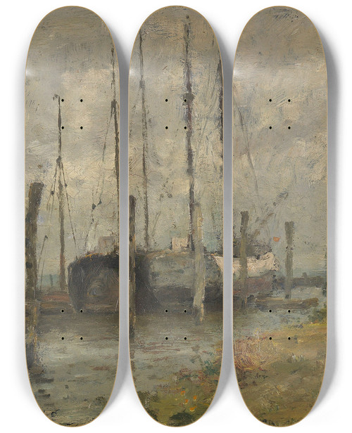 Triptych art skateboard deck of Rudolf Hckner Segelboot Im Hafen Von Schulau by Rudolf Hockner (1864-1942)