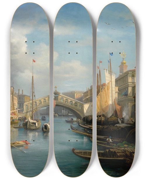 Triptych art skateboard deck of Carlo Grubacs Venice A View Of The The Grand Canal And The Rialto Bridge From The South by Carlo Grubacs (1812-1870)