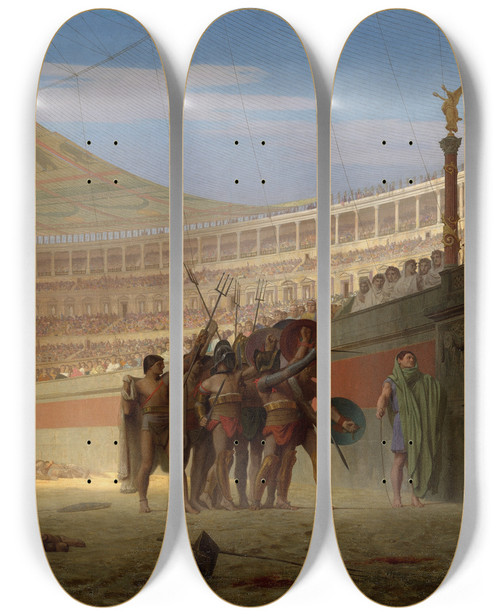 Triptych art skateboard deck of Jeanlon Grme Ave Caesar Morituri Te Salutant Hail Caesar We Who Are About To Die Saluteyou by Jean-Lon Grme (1824-1904)