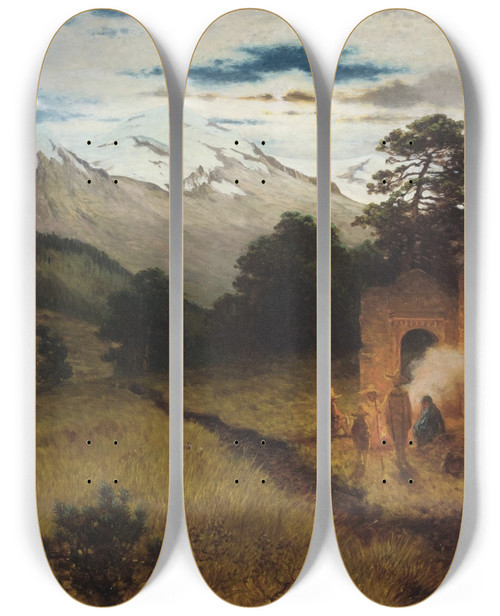 Triptych art skateboard deck of August Lhr Landscape With The Iztacchuatl In The Background by August Lohr (1842-1920)