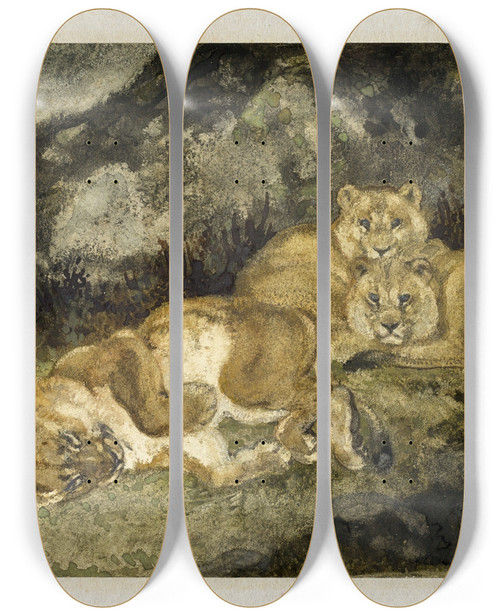 Triptych art skateboard deck of Antoinelouis Barye Lioness And Cubs by Antoine-Louis Barye (1796-1875)