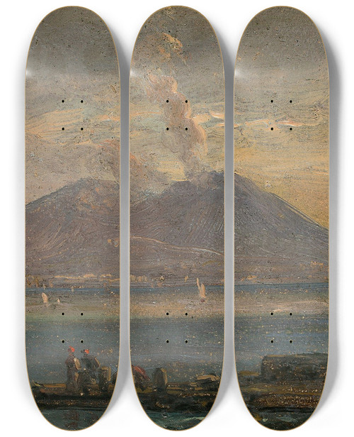 Triptych art skateboard deck of Johan Christian Dahl Vesuvius Seen From Posillipo by Johan Christian Dahl (1788-1857)
