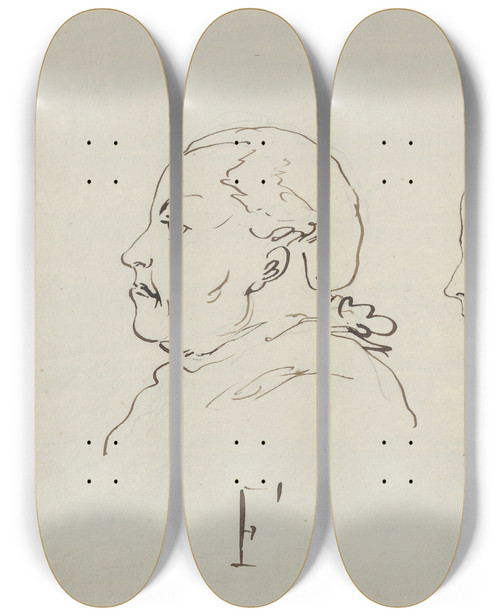 Triptych art skateboard deck of Carl August Ehrensvrd Three Portraits In Profile by Carl August Ehrensvard (1745-1800)