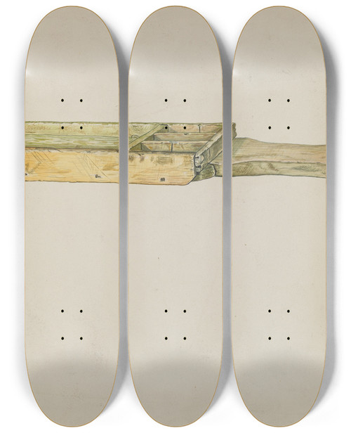 Triptych art skateboard deck of Clarence W Dawson Shoe Bench by Clarence W Dawson