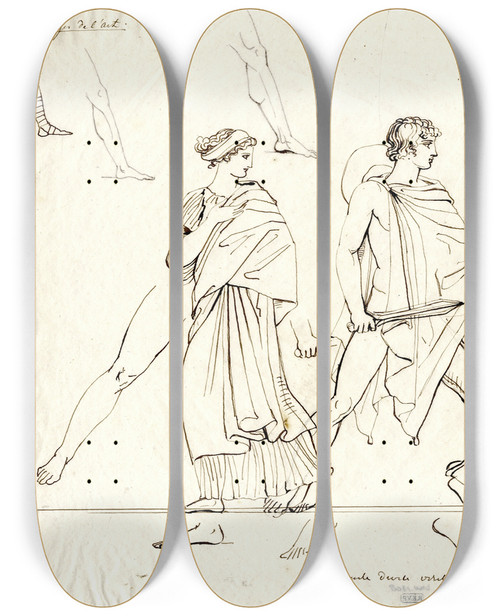 Triptych art skateboard deck of David Humbert De Superville Orestes Retrieving Hermione From Menelaos by David Humbert De Superville (1770-1849)