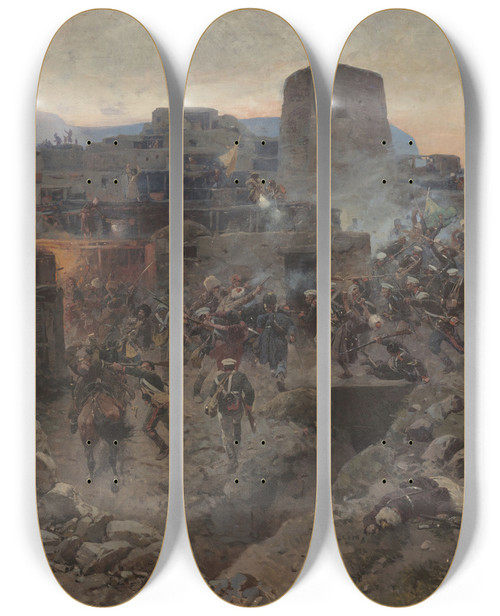 Triptych art skateboard deck of Franz Roubaud The Assault Of Gimry On October 17 1832 by Franz Roubaud (1856-1928)