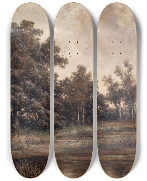 Triptych art skateboard deck of Euphrosine Beernaert Pool In The Kempen by Euphrosine Beernaert (1831-1901)