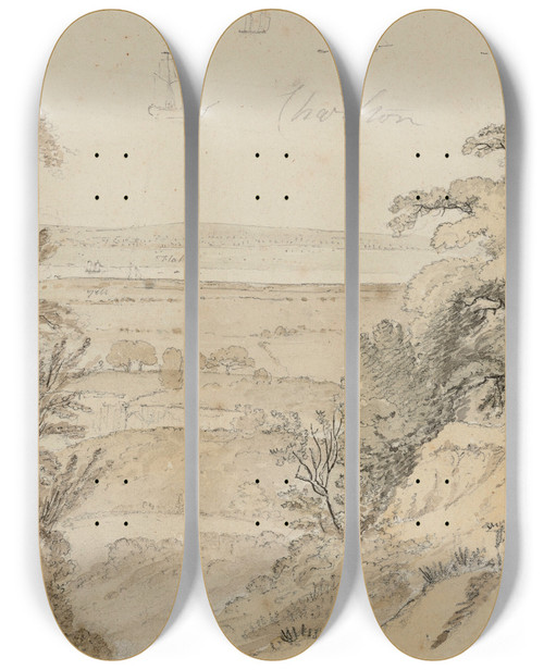 Triptych art skateboard deck of William Day An Estuary View With Studies Of Shipping by William Day (1764-1807)