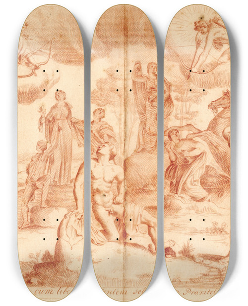 Triptych art skateboard deck of Cornelis Pronk Beelden Van Niobes Kinderen Gedood Door Apollo En Diana by Cornelis Pronk (1691-1759)