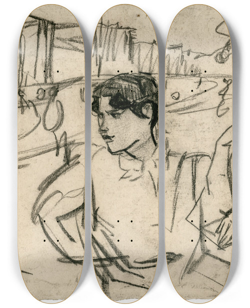 Triptych art skateboard deck of Isaac Israls Drie Vrouwen Wandelen Langs Een Gracht by Isaac Israels (1865-1934)