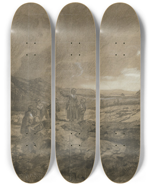 Triptych art skateboard deck of Karl Friedrich Harveng Schwarzwlder Schuljugend Bei Heraufziehendem Gewitter by Karl Friedrich Harveng (1832-1874)