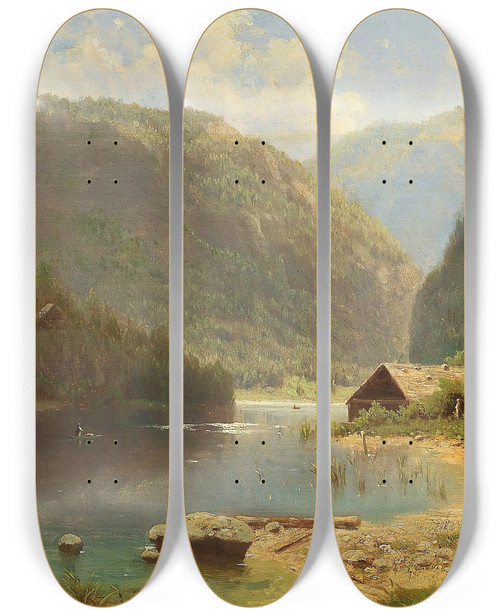 Triptych art skateboard deck of Adolf Chwala A Hut On The Lakeside by Adolf Chwala (1836-1900)