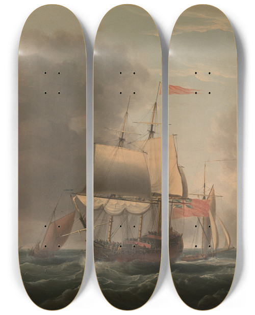 Triptych art skateboard deck of Dominic Serres An English Twodecker Lying Hove To With Other Ships And Vessels In A Fresh Breeze by Dominic Serres (1722-1793)