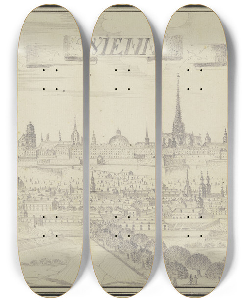 Triptych art skateboard deck of Johann Baptist Reiser Ansicht Von Wien by Johann Baptist Reiser (18-)
