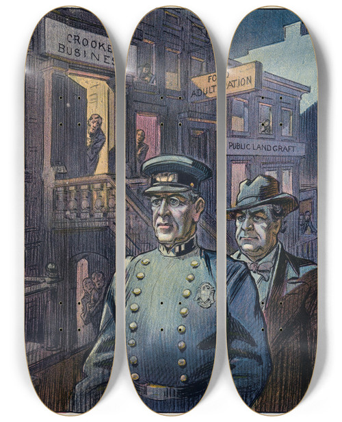 Triptych art skateboard deck of Udo Keppler Theres A New Captain In The District by Udo Keppler (1872-1956)