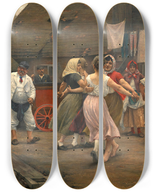 Triptych art skateboard deck of Josef Engelhart Ein Ball Auf Der Hngstatt by Josef Engelhart (1864-1941)