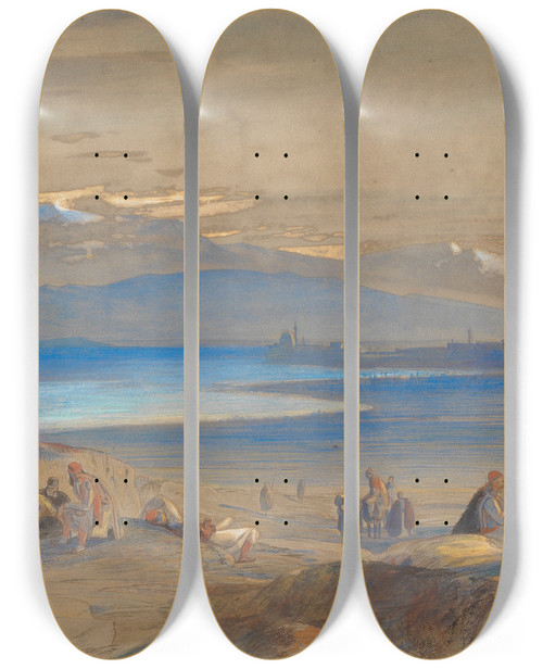 Triptych art skateboard deck of Edward Lear View Of Janina by Edward Lear (1812-1888)