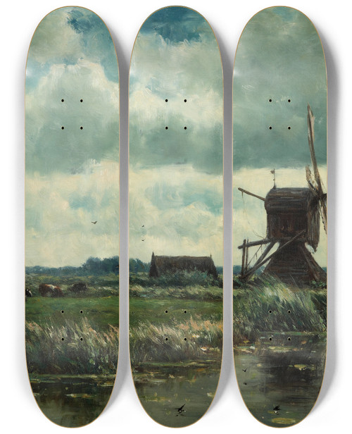 Triptych art skateboard deck of Willem Roelofs Polder Landscape With Windmill Near Abcoude by Willem Roelofs (1822-1897)