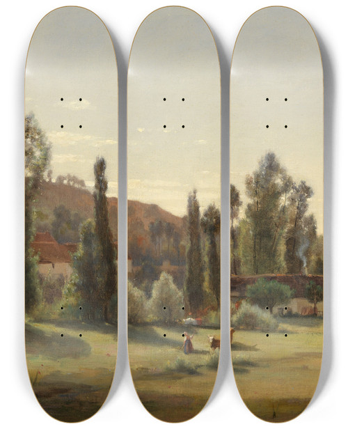Triptych art skateboard deck of Antoine Chintreuil Landschaft Bei Marcoussis by Antoine Chintreuil (1814-1873)