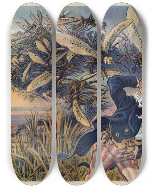 Triptych art skateboard deck of Udo Keppler If You Want To Get Rid Of Mosquitos Drain The Swamp That Breeds Them by Udo Keppler (1872-1956)