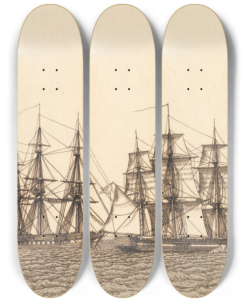 Triptych art skateboard deck of Christoffer Wilhelm Eckersberg En Brig Sejlende Illustration Til Linearperspectiven Tavle Ixb by Christoffer Wilhelm Eckersberg (1783-1853)