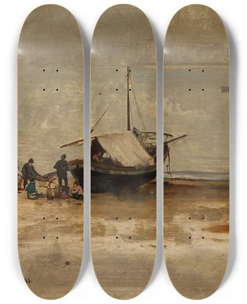 Triptych art skateboard deck of Eilif Peterssen The Beach At Porto Danzio by Eilif Peterssen (1852-1928)
