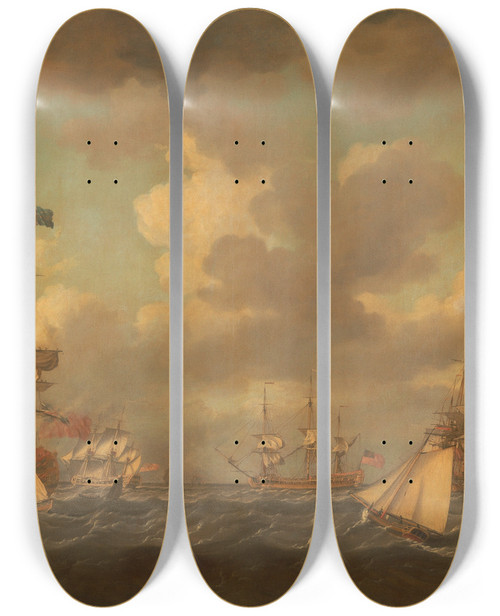 Triptych art skateboard deck of Dominic Serres English Ships Coming To Anchor In A Fresh Breeze by Dominic Serres (1722-1793)