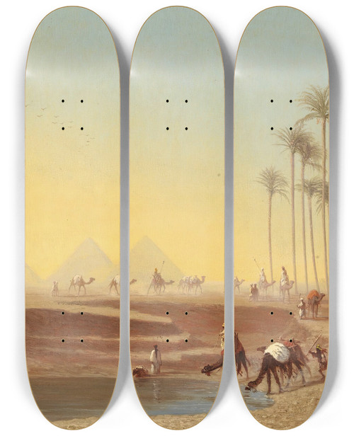 Triptych art skateboard deck of Charles Thodore Frre Oasis Pres Des Pyramides by Charles Theodore Frere (1814-1888)