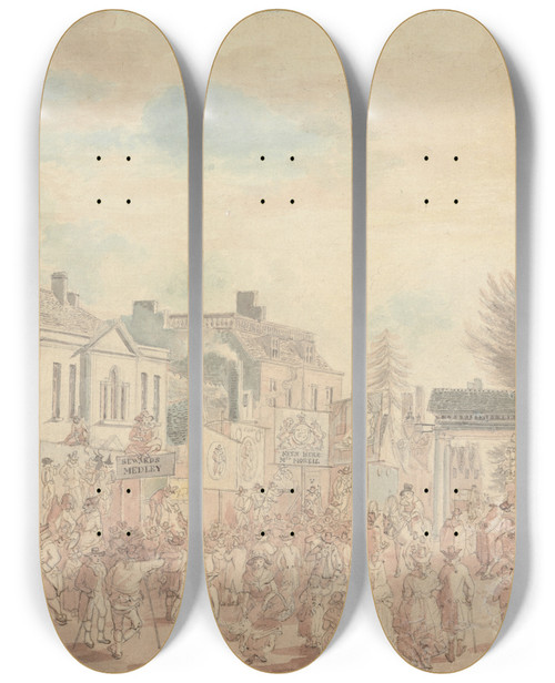 Triptych art skateboard deck of Edward Eyre The Fair At Cheltenham by Edward Eyre