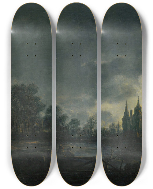 Triptych art skateboard deck of Aert Van Der Neer A Moonlit River Landscape With Figures Standing By A Gate A Village Beyond by Aert van der Neer (1603-1677)