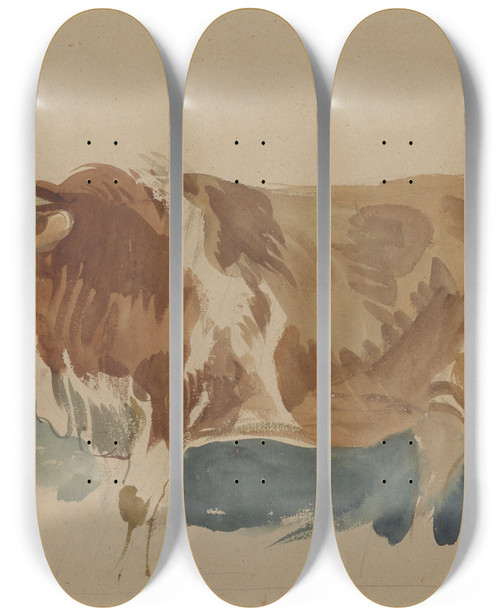 Triptych art skateboard deck of Piotr Michaowski Study Of A Spotted Ox by Piotr Michalowski (1800-1855)