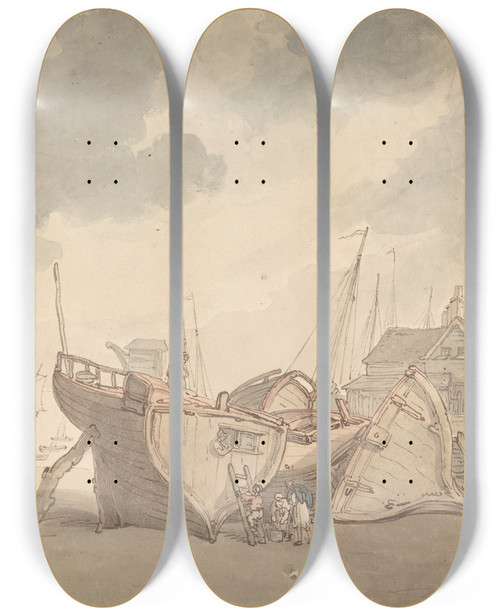 Triptych art skateboard deck of Thomas Rowlandson Harbor Scene With The Tide Out And Beached Boats by Thomas Rowlandson (1756-1827)