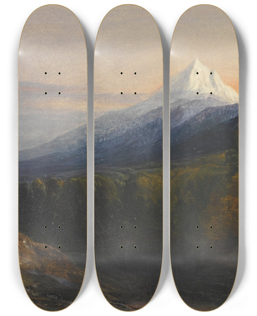 Triptych art skateboard deck of Edward Lear A View Of Mount Athos And The Pantokrator Monastery Greece by Edward Lear (1812-1888)