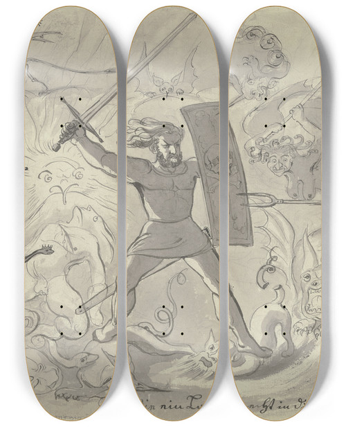 Triptych art skateboard deck of Karl Sandhaas Wie Ein Landsknecht In Die Hlle Kommt by Karl Sandhaas (1801-1859)