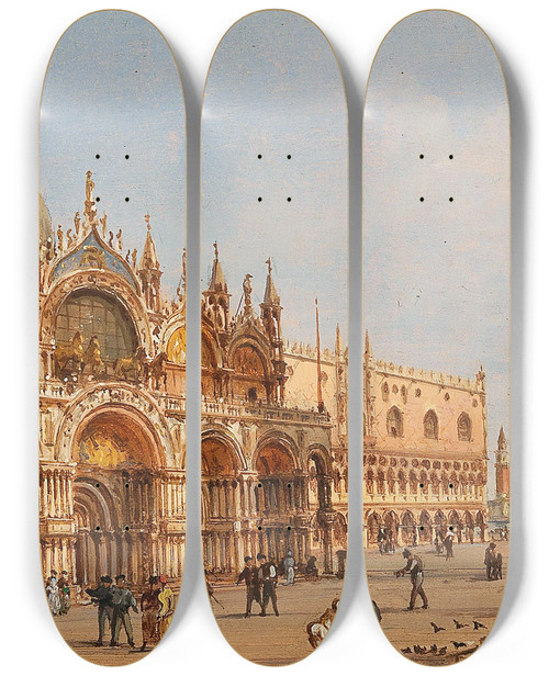 Triptych art skateboard deck of Giovanni Grubacs A View Of St Marks Basilica And A View Of St Marks Square by Giovanni Grubacs (1829-1919)