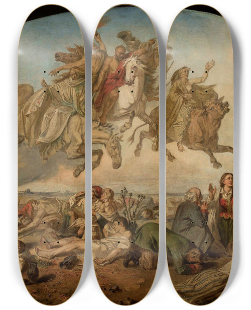 Triptych art skateboard deck of Ignacy Gierdziejewski Lord Deliver Us From Air Fire War Famine And Sudden Death by Ignacy Gierdziejewski (1826-1860)