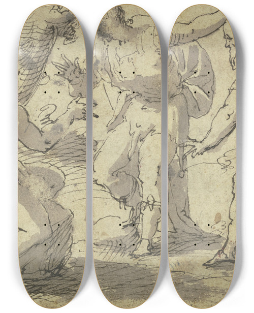 Triptych art skateboard deck of Hans Rottenhammer Zwei Nackte Und Zwei Bekleidete In Lebhafter Unterhaltung by Hans Rottenhammer (1564-1625)