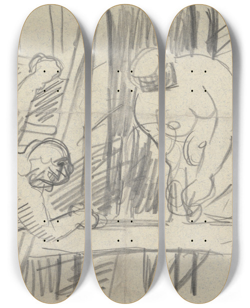 Triptych art skateboard deck of Spencer Frederick Gore Cave Of The Golden Calf Study Of A Tree House With Primitive People by Spencer Frederick Gore (1878-1914)